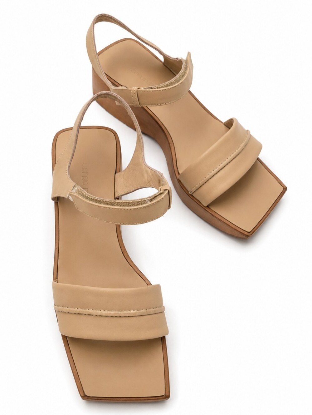 SERGIO ROSSI Nude Tan Square Toe Wedge Leather Wood Chunky Sandals